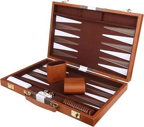 Miniatura 11 de Backgammon Set – Juego de mesa clásico con funda de cuero de primera calidad – Juego de estrategia de viaje portátil de backgammon para adultos y