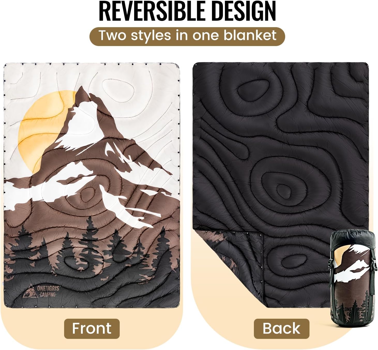 ONETIGRIS Ultralight Camping Blanket,Waterproof Stadium Blanket Poncho Packable Puffy Quilt Puffy Printed Camping Blanket with Snap Buttons & Corner Loops