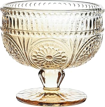 CHOOLD Vintage Sunflower Embossed Glass Footed Dessert Bowl for Ice Cream, Trifle, Salad, Candy, Cake - Home, Party, Wedding - 9 oz, Amber
