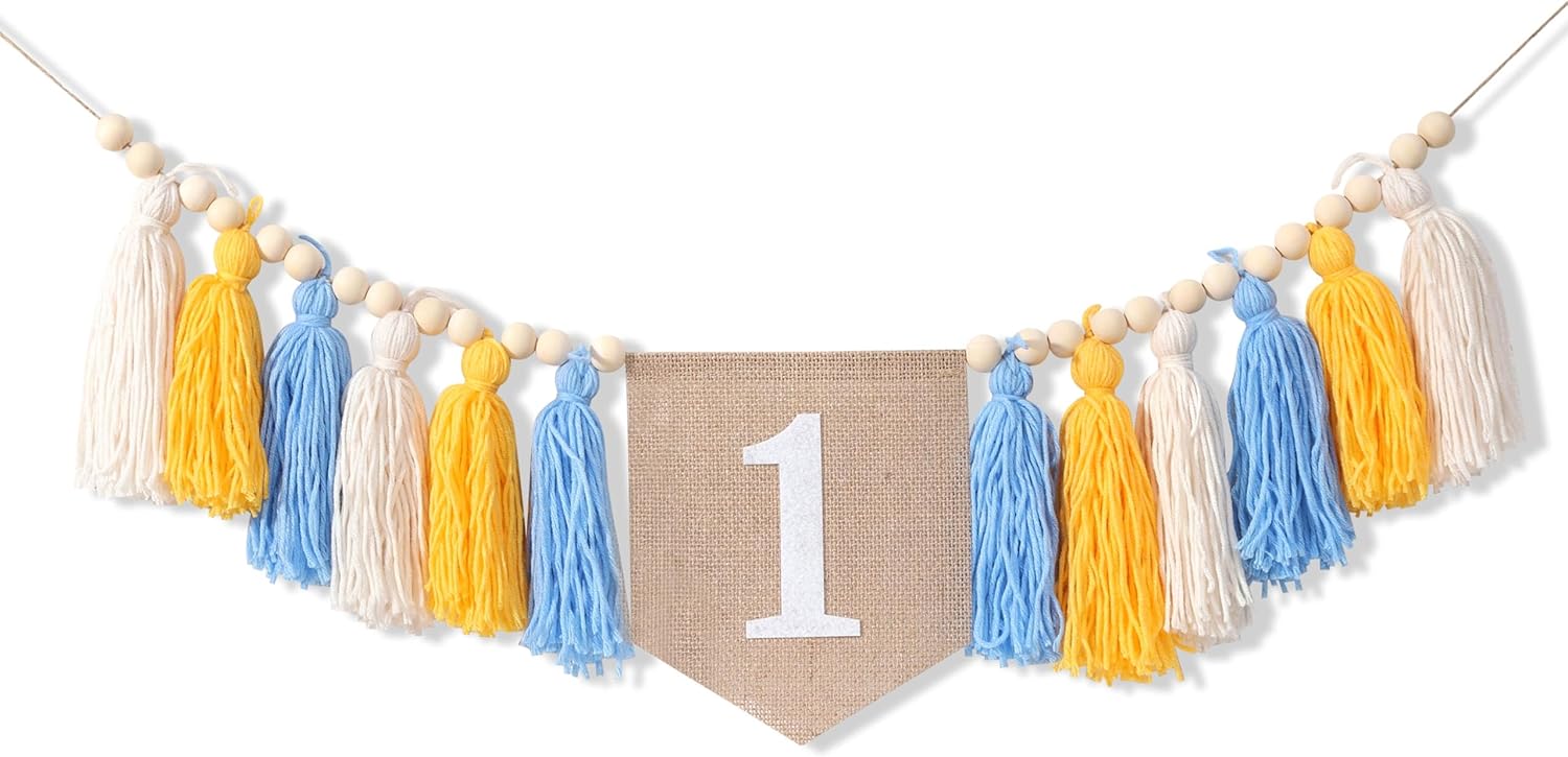 1st Birthday Banner - Pink Tassel Theme for Girl - First Birthday Party Decor - Photo Backdrop - Wall Hangings for Kids Bedroom Nursery (Yellow Blue)