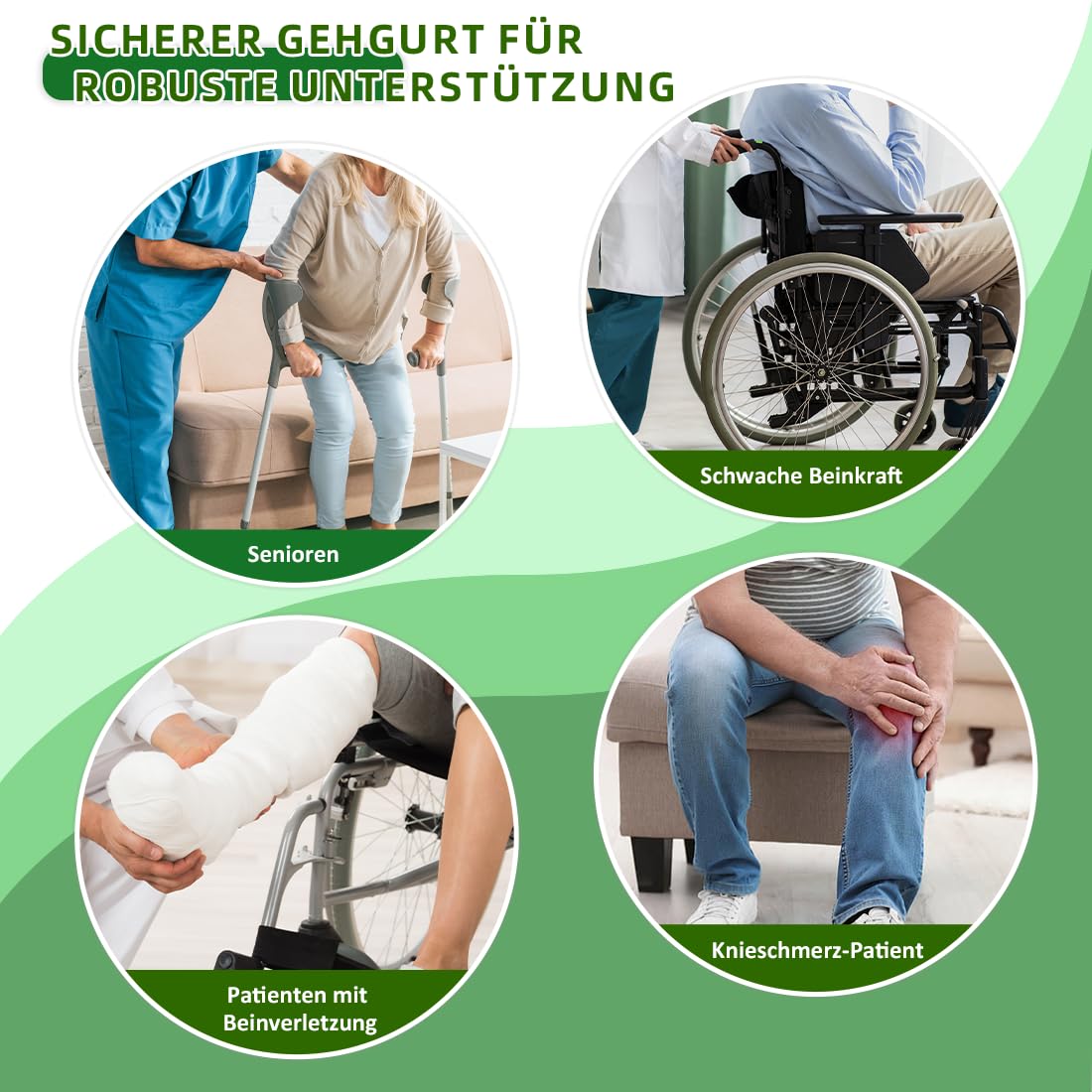 Gehgurt Transfergurt mit 7 Griffen – Pflegegurt für Senioren und Patienten, komfortabler Umsetzgurt mit Klett und Schnalle, verstellbar, bis 150 kg belastbar (Grün, Übergröße)