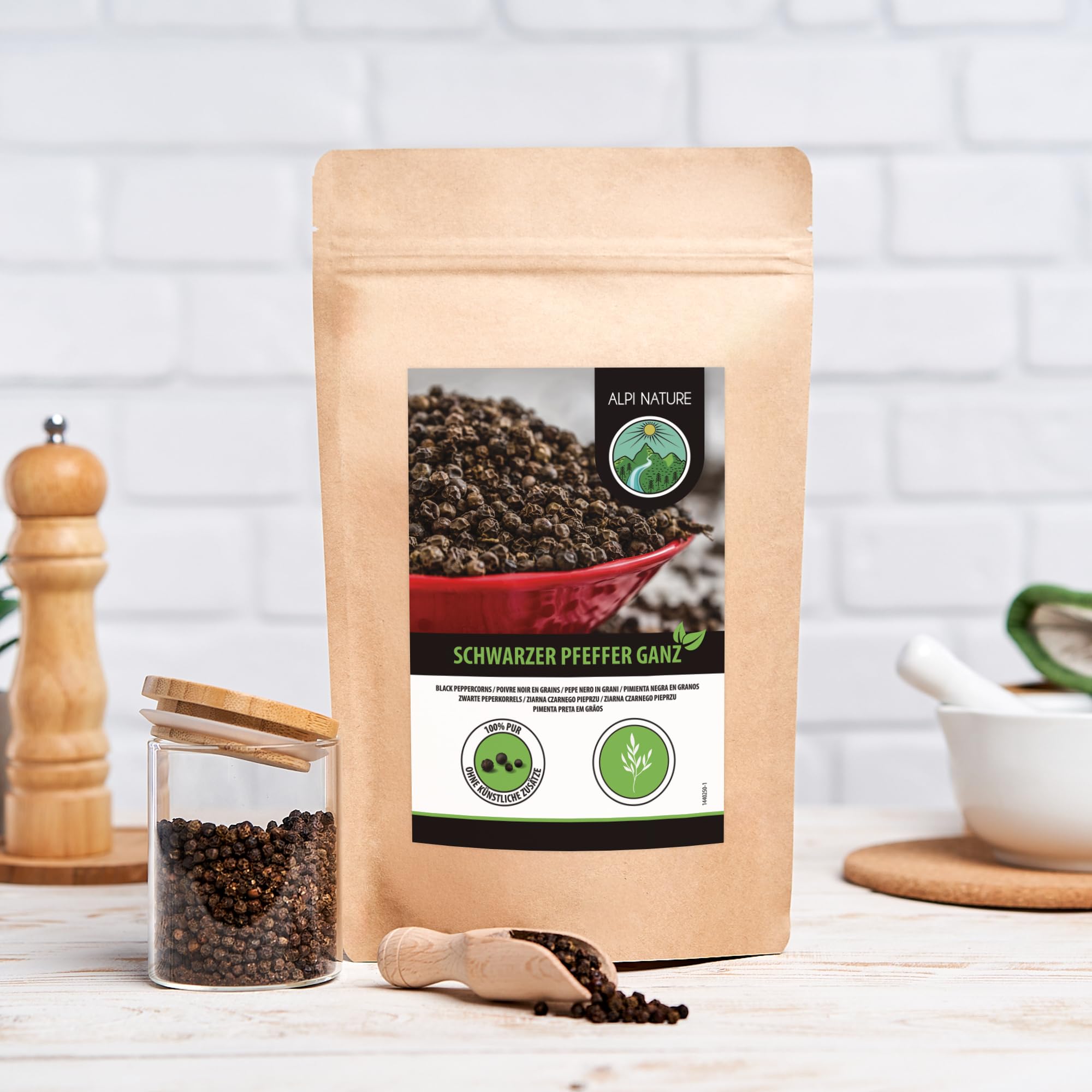 Alpi Nature Pepe Nero 1kg, Grani di Pepe Nero Interi per Cucina e Miscele di Spezie
