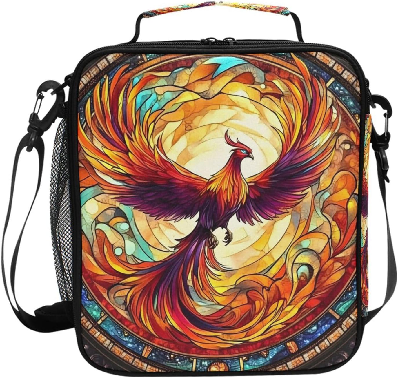 ALAZA Phoenix Fire Wing Bird Stained Glass Lunch Box Insulated Lunch Bag Kids Cooler Tote Bag Freezable Shoulder Strap Lunchbox for Girls School Picnic