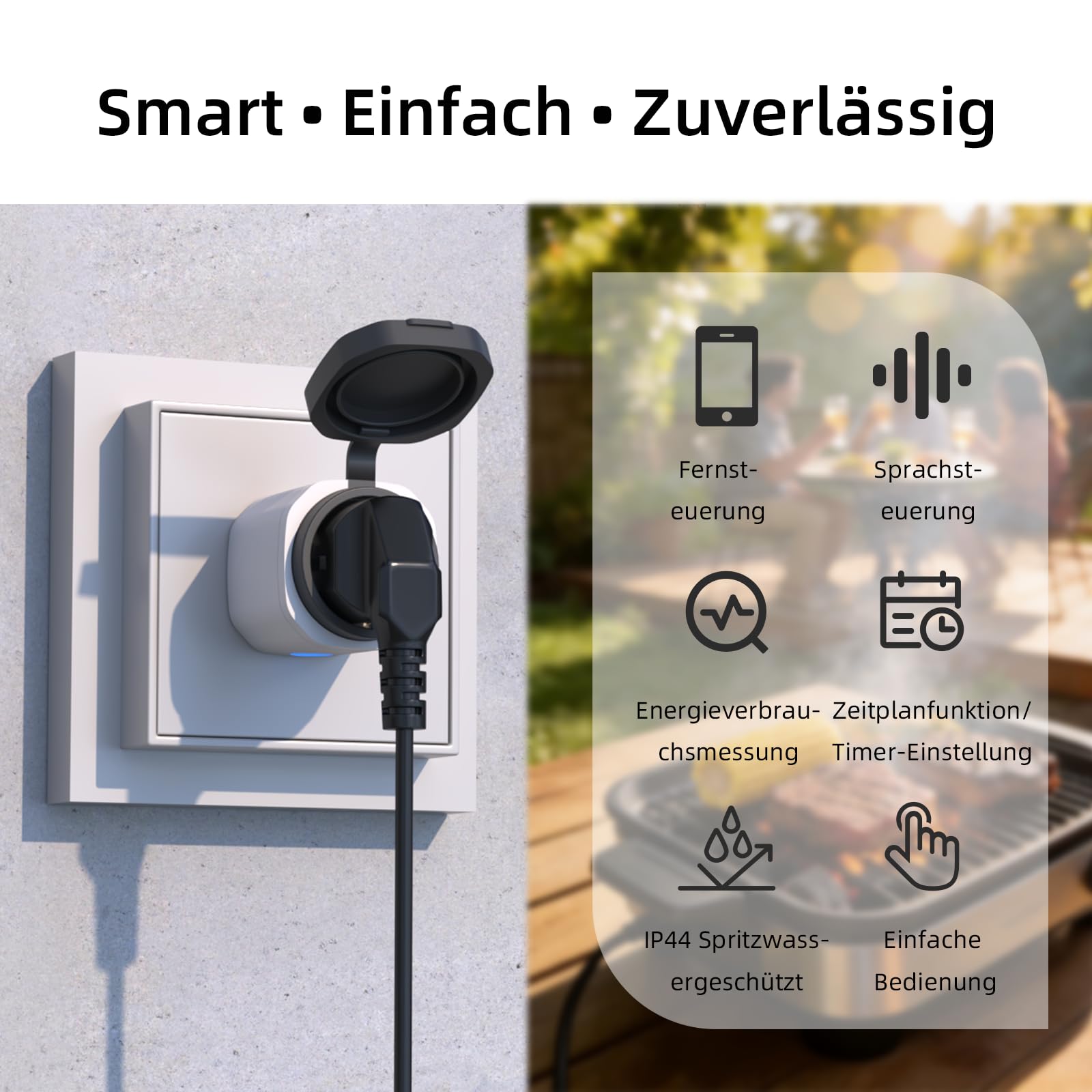 Enchufe WiFi para exteriores, enchufe inteligente con medición de corriente, función de temporizador, IP44, enchufe exterior impermeable, compatible con Alexa y Google Home (blanco, 2 unidades)