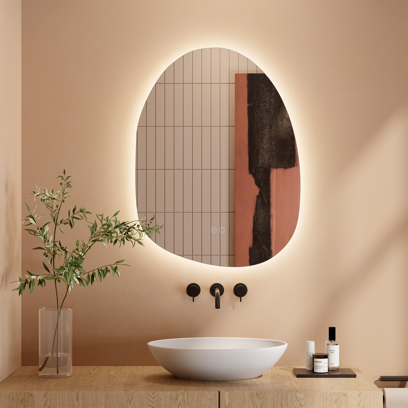 Dripex LED Bathroom Mirror with Lights, 530 * 700 MM Asymmetrical Light up Backlit Mirror Bathroom Anti Fog Mirrors Dimmable Switch with 3 Colors,Horizontal/Vertical