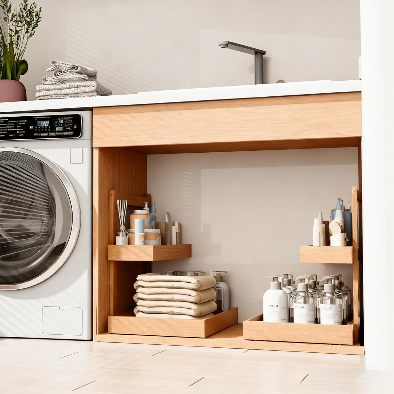 Bamboo Undersink Organizer Storage - 2-Tier Cabinet Shelf with Adjustable Levels, Under Sink Storage Slide Out for Cabinet Pantry Kitchen Bathroom (Natural)