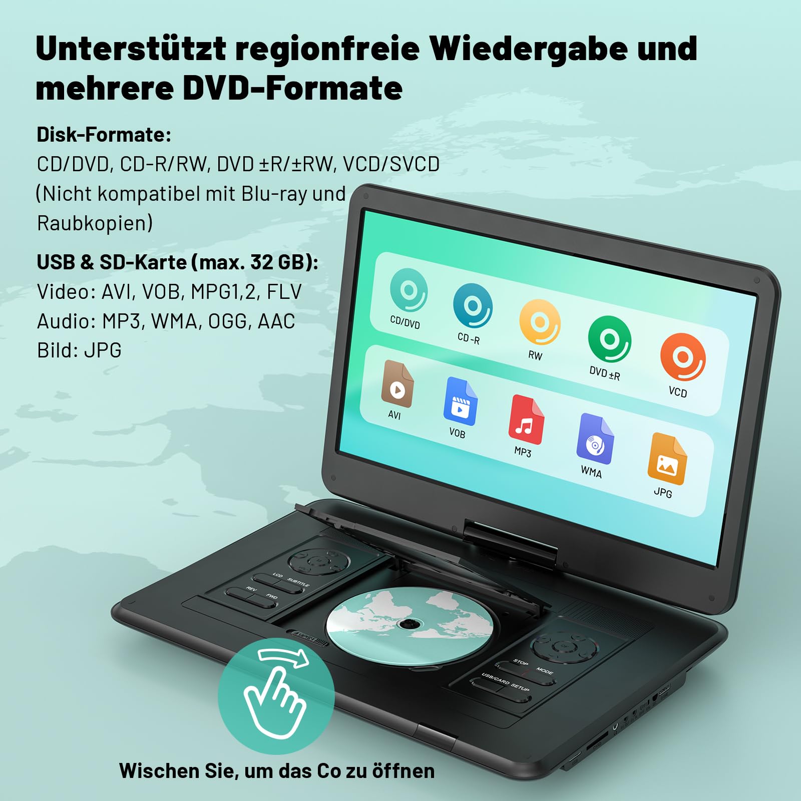 POFOTO 17,5'' Tragbarer DVD-Player mit 15,6'' Drehbarem HD-Display, 6h Akkulaufzeit, Unterstützt Mehrere Formate/SD/USB, TV/Projektor-Sync, Stoßfest & Speicherfunktion, Stereo-Lautsprecher (Schwarz)