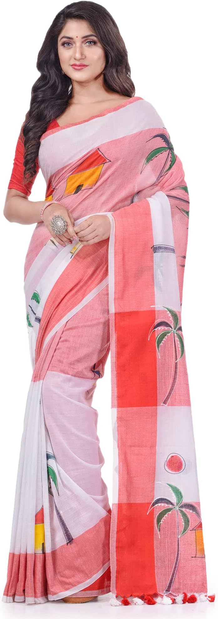 Women`s Bengal Handloom Pure Cotton Saree Tribal Hand Made Art Design With Blouse Piece 6.3 Mr