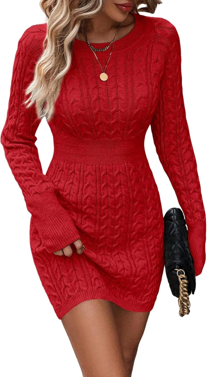ZAFUL Womens Cable Knit Sweater Dress Long Sleeve Crew Neck Winter Bodycon Mini Fall Dresses 2025