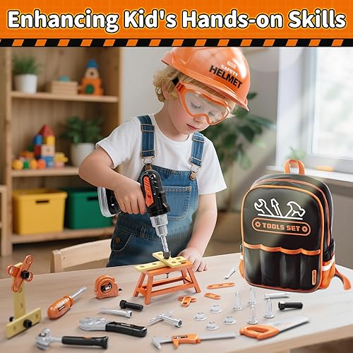 Miniatura 7 de KidBloom Juego de herramientas para niños con mochila, 50 herramientas de simulación para niños pequeños con taladro de juguete electrónico, casco