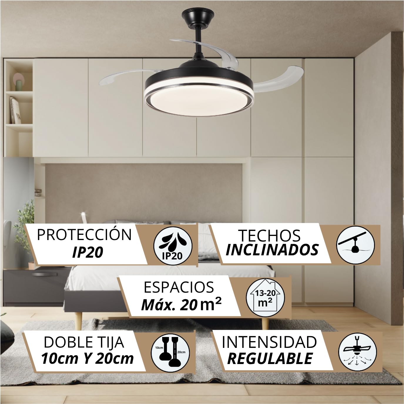 NARVI Ventilador de Techo Negro con Luz LED Regulable, Motor DC 30W Silencioso, Lámpara Ventilador con Mando a Distancia, 3 Aspas Retráctiles, Función Invierno Verano, LOVANIA 1576 BK - 45W