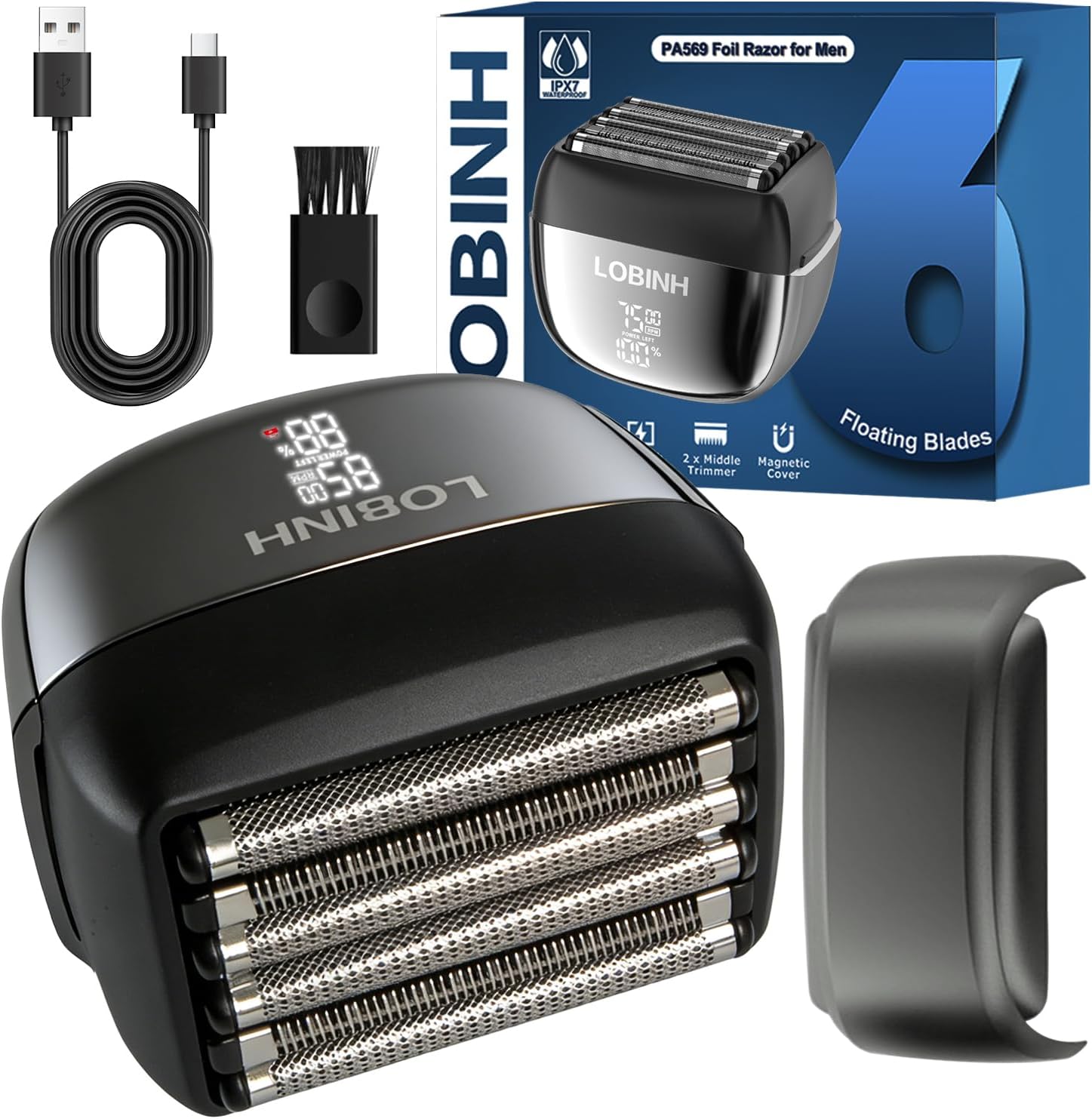 Electric Foil Shaver for Men - 6-Blade Floating Head Electric Razor, 100% Waterproof Wet & Dry Shave, Rechargeable Cordless Razor, LED Display & USB-C Fast Charge,Gifts for Him