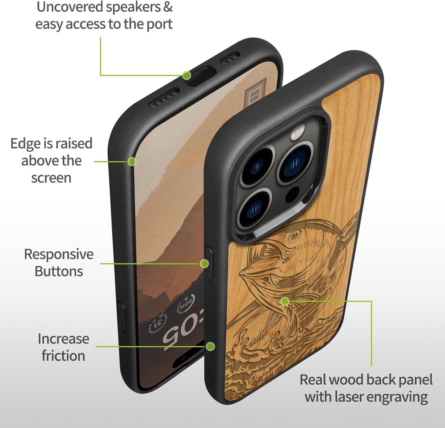 Carveit Magnetic Wooden Case for iPhone 15 Pro Max Case, Compatible with MagSafe Wireless Chargers, Black Soft TPU Shockproof Cover & Wood Artisan Engraved (The Tuna's Soar) - Cherry