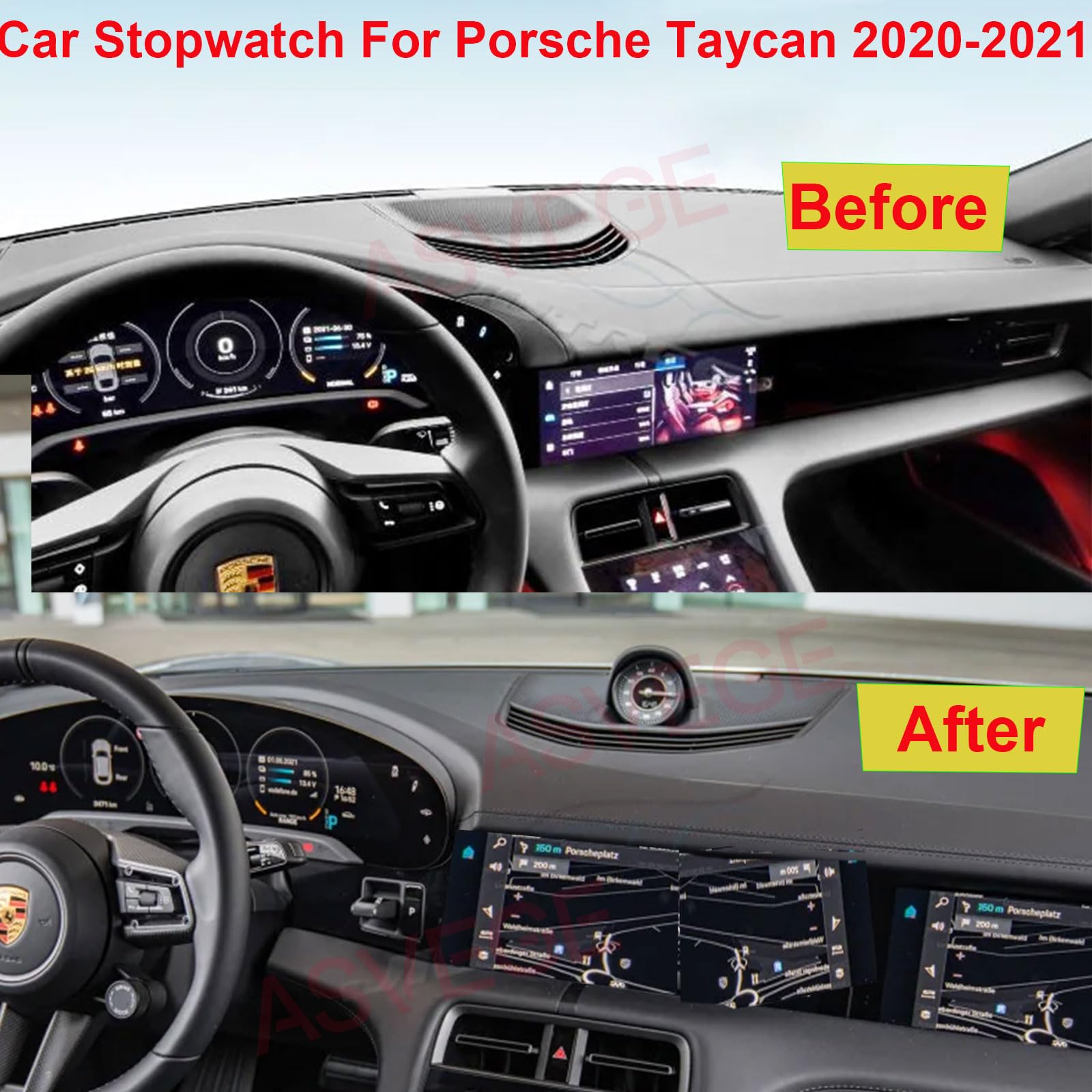 Sport Chrono Stopwatch Mounted Dashboard for Porsche Taycan 2020-2021, Interior Dashboard Center Clock Compass Time Electronic Meter Clock (Black Panel& White Stopwatch)