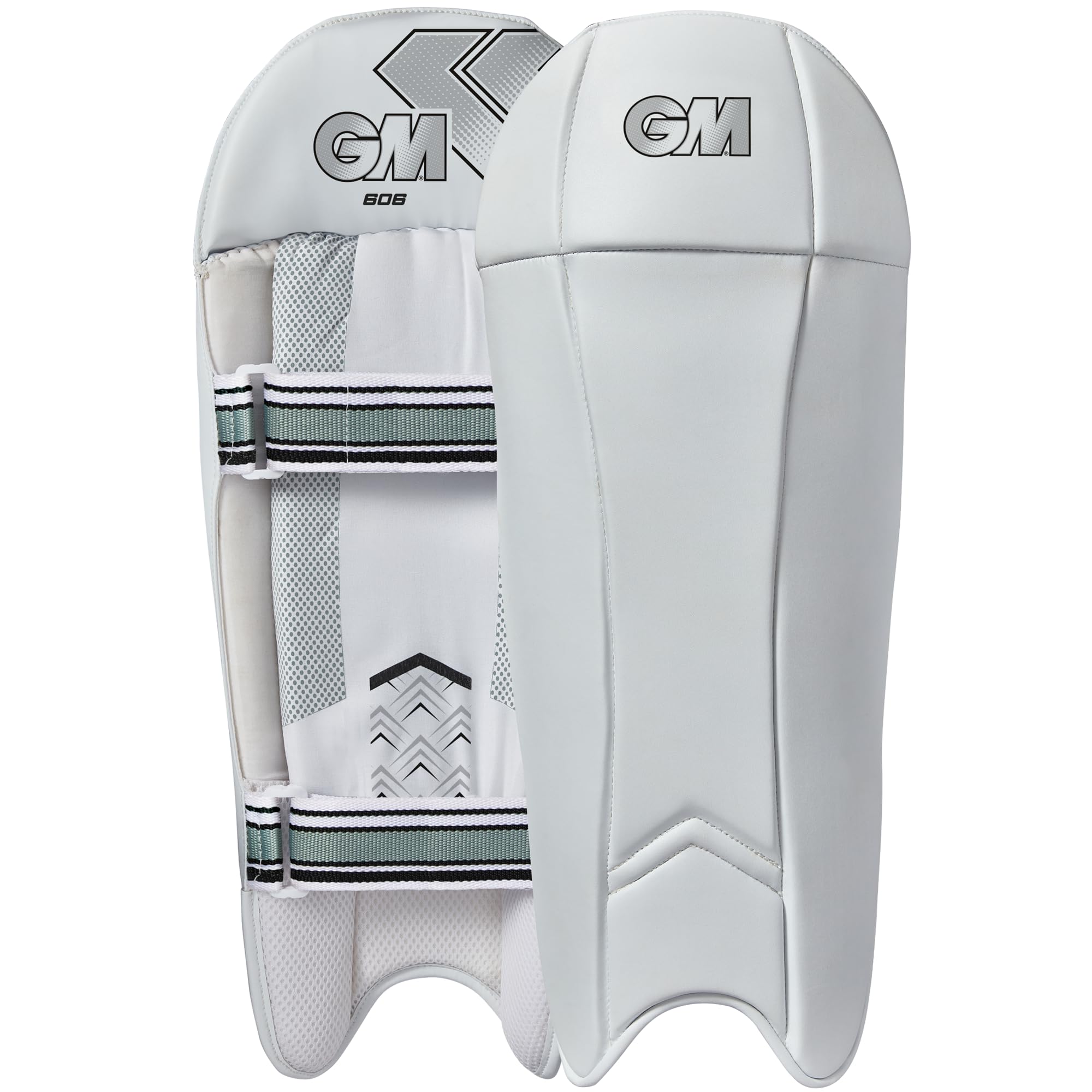 Gunn & Moore GM Cricket Wicket Keeper Keeping Pads | 606 | PVC Facing with Dual Layer Foam Face Filling | Mesh Instep | Junior | Approx 0.89 kg per Pair | 1 Pair | White with GM Logo
