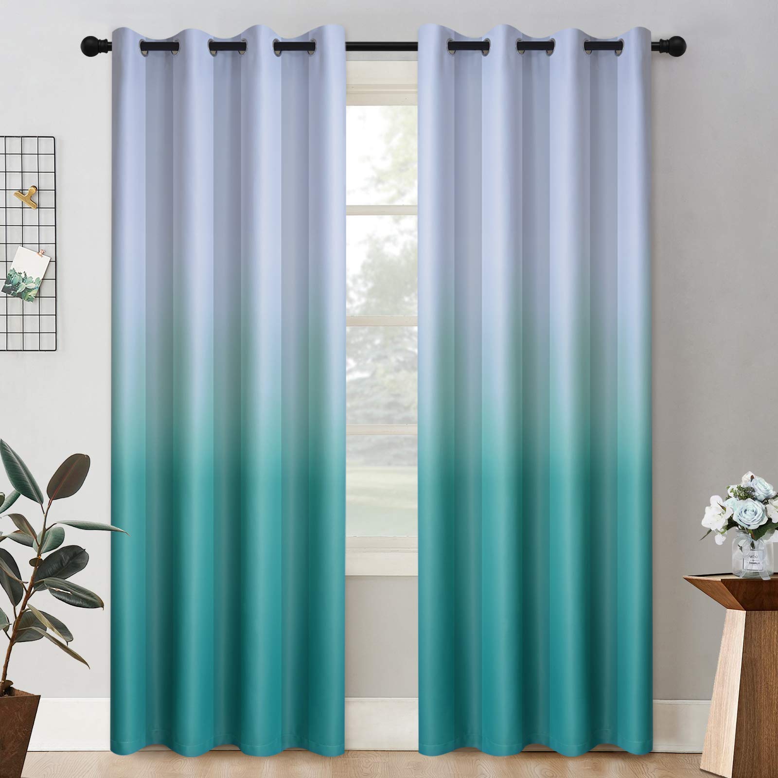 COSVIYA Grommet Ombre Room Darkening Curtains 84 inch Length 2 Panels, Gradient Drapes Teal and Grayish White Light Blocking Insulated Thermal Window