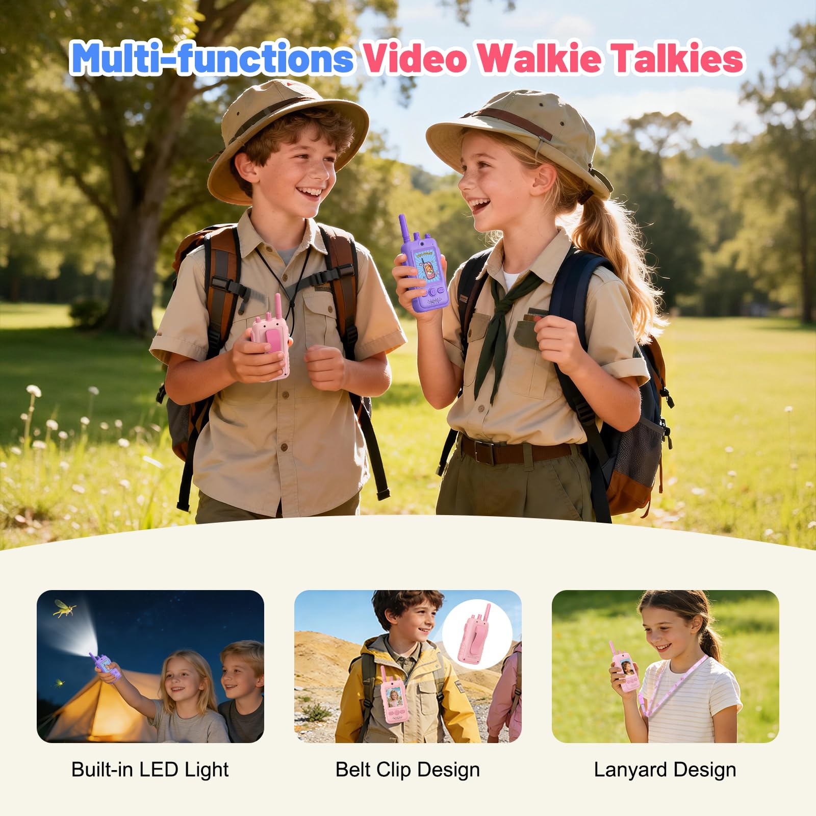 Walkie Talkie Con Videollamada Para Niños – Set De 2, Alcance 400m, Linterna LED Y Clip, Regalo De Cumpleaños Para +3 Años