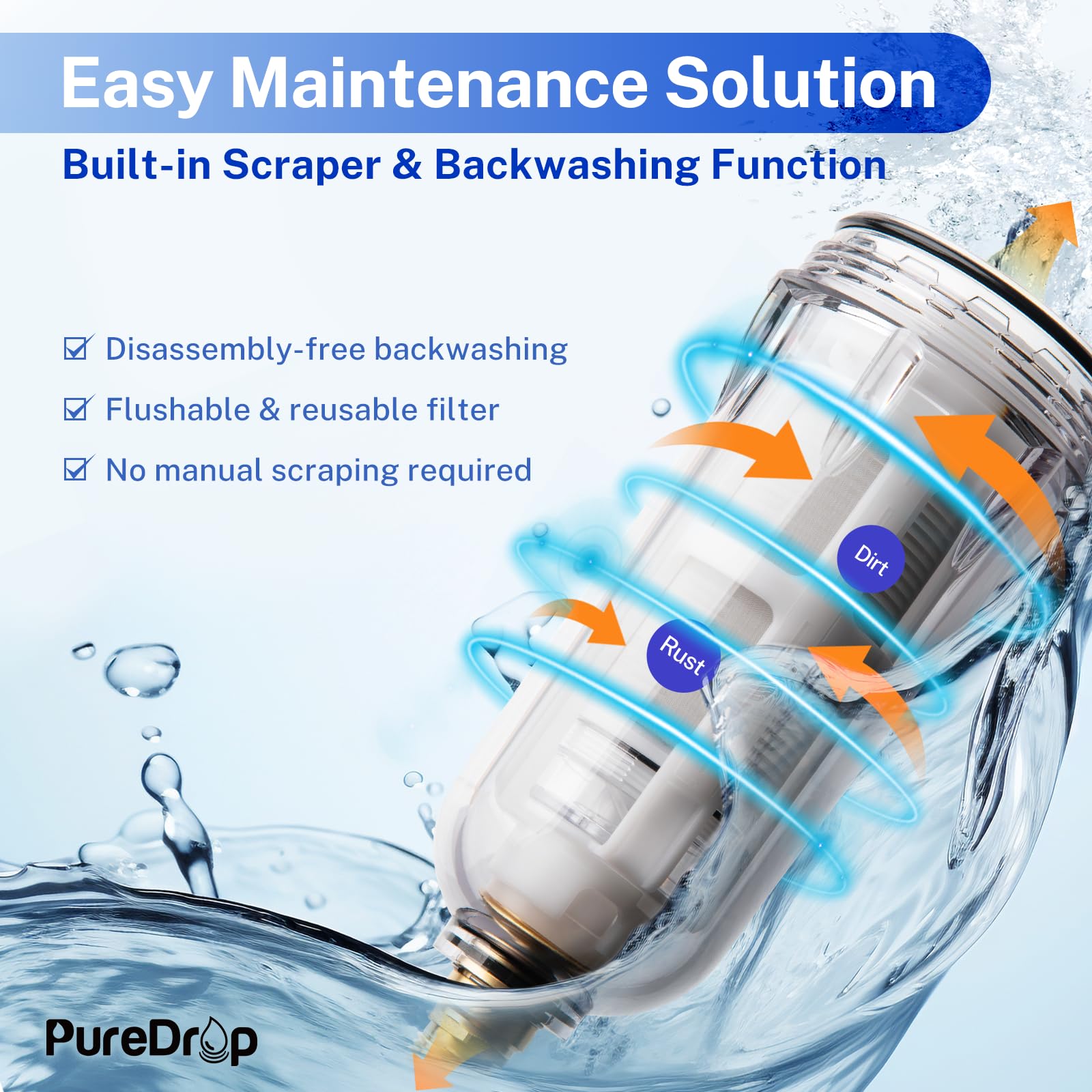 PureDrop PDR-ARB100WSP - Filtro de agua de sedimentos giratorio, módulo de descarga automática con pantalla táctil, filtro de sedimentos reutilizable para toda la casa para agua de pozo con raspador