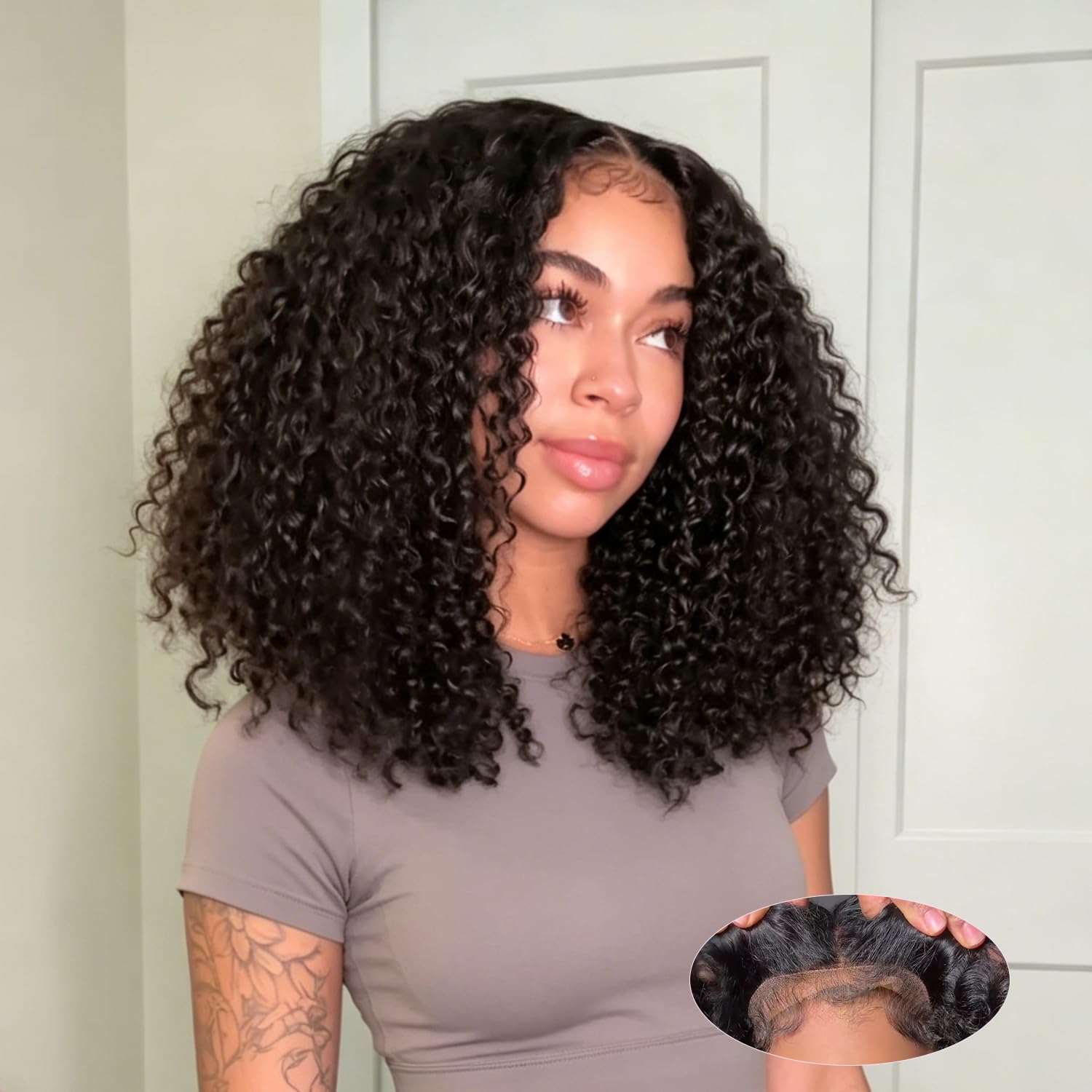 MENGLLE Glueless Human Hair Wig 7x6 HD Lace Front Kinky Curly, Wear and Go, Pre-Plucked 4c edges Baby Hair,Real human hair wigs for black women 18Inch Natural Black