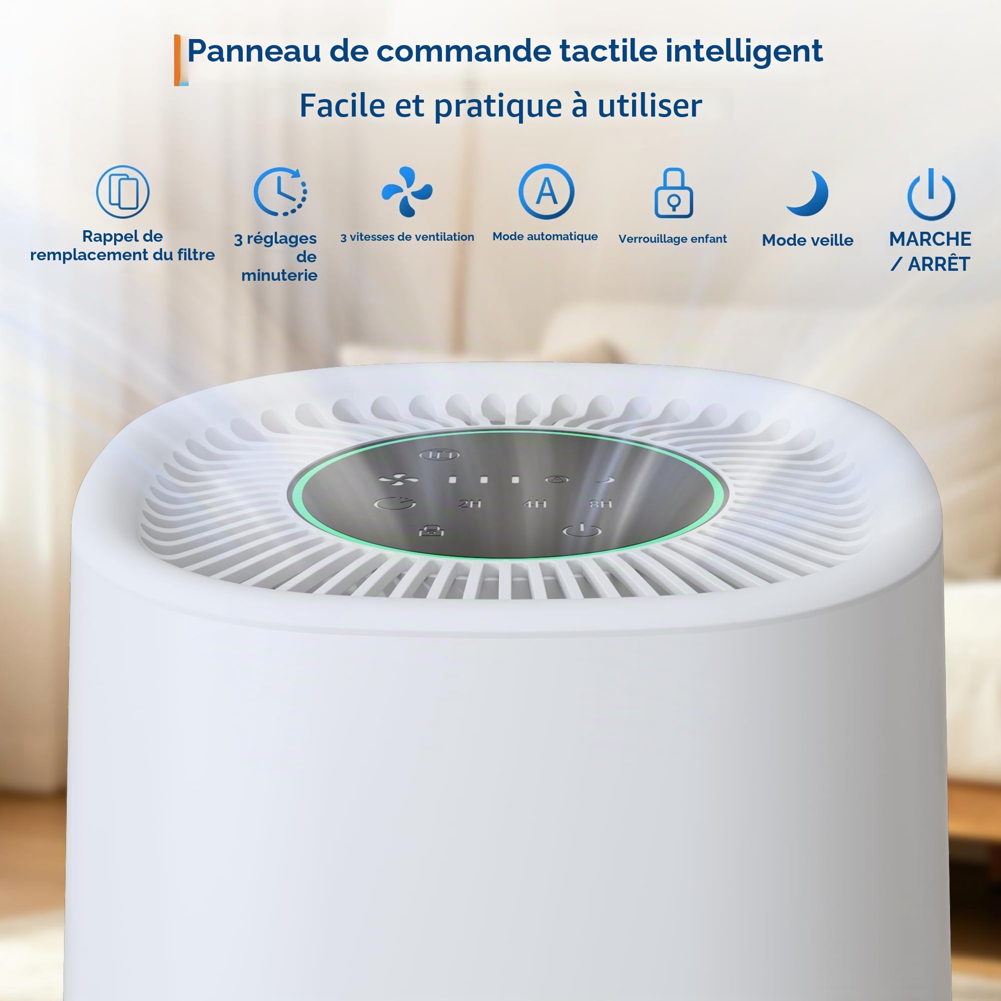 Purificateur d'air avec HEPA + filtre à charbon actif, CADR 100 m³/h pour jusqu'à 15 ㎡, 5 niveaux, mode automatique, mode veille 24 dB, minuterie, sécurité enfant, 5 V Type-C USB, pour chambre à