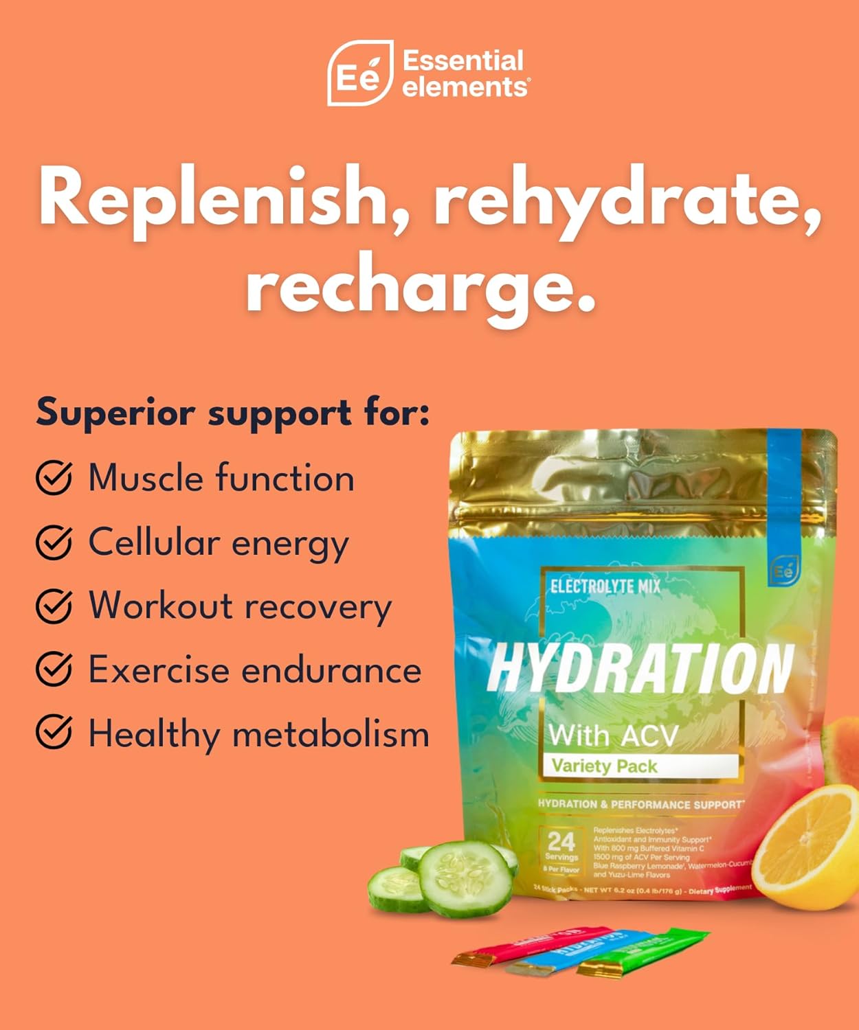 Essential Elements Hydration Packets - Electrolytes Powder Packets Sugar Free - 48 Stick Packs of Electrolytes Powder No Sugar - Electrolyte Water Drink Mix with ACV & Vitamin C - Variety Pack Variety 24 Servings (Pack of 2) image 3 of 9 B0C3K8GNMF