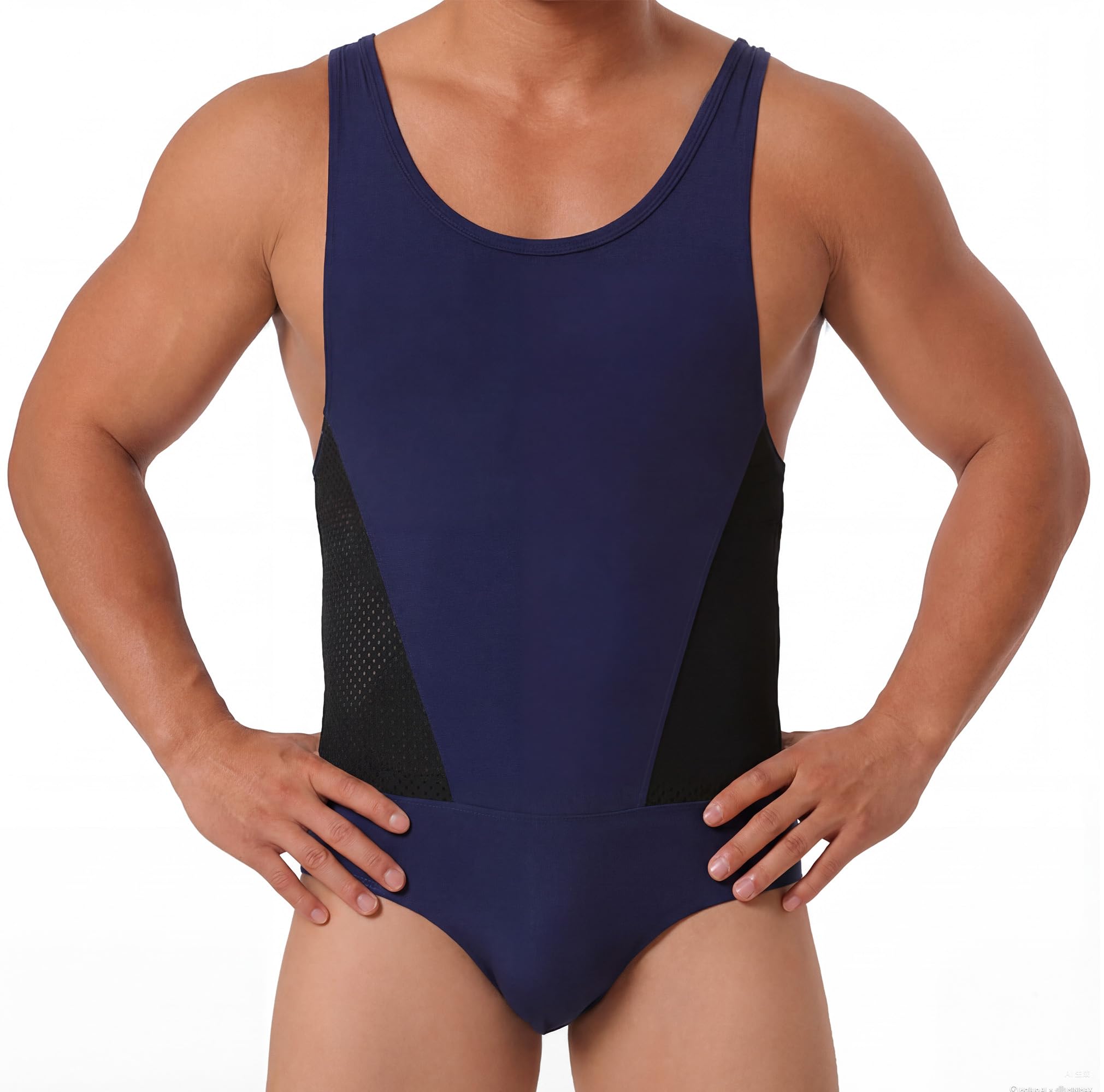 FEOYA Men's Wrestling Singlets Sleeveless Athletic Supporters Mesh Breathable Wrestling Uniform Sports Bodysuit Jumpsuits Navy S