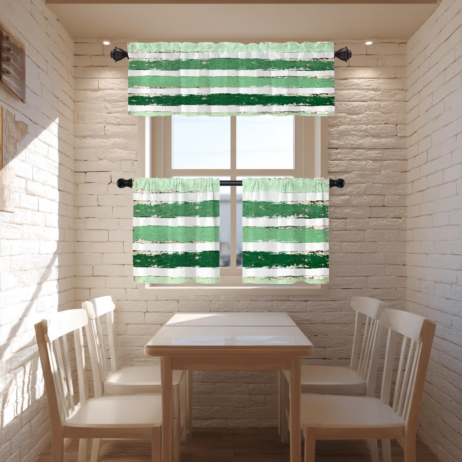 Apple Green Brushstrokes Blackout Kitchen Curtains,Apple Green with White Stripe Short Curtains for Windows Insulated Thermal Bathroom Window Curtain 1 Pack 52X18 Inches