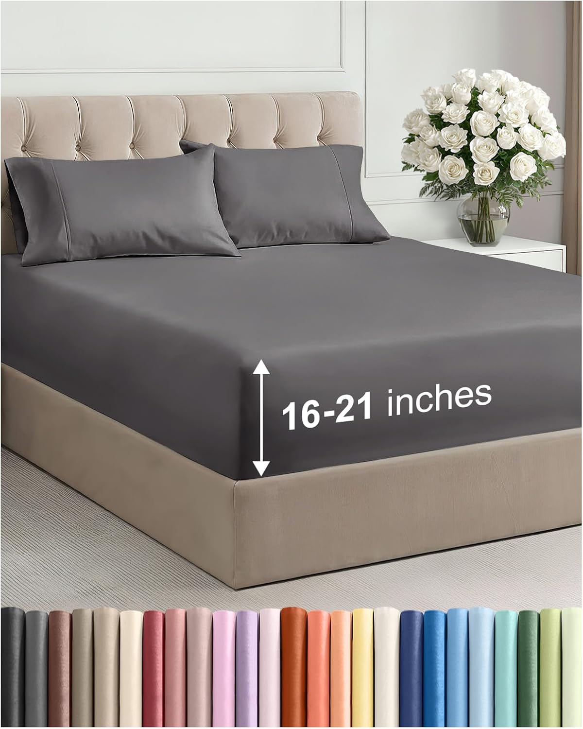 Extra Deep Pocket Queen Size Sheet Set - 4 Piece Breathable & Cooling Bed Sheets - Hotel Luxury Bedding with 16 to 21 inch Extra Deep Pockets - Soft, Fade and Wrinkle Resistant - Oeko-Tex - Dark Grey