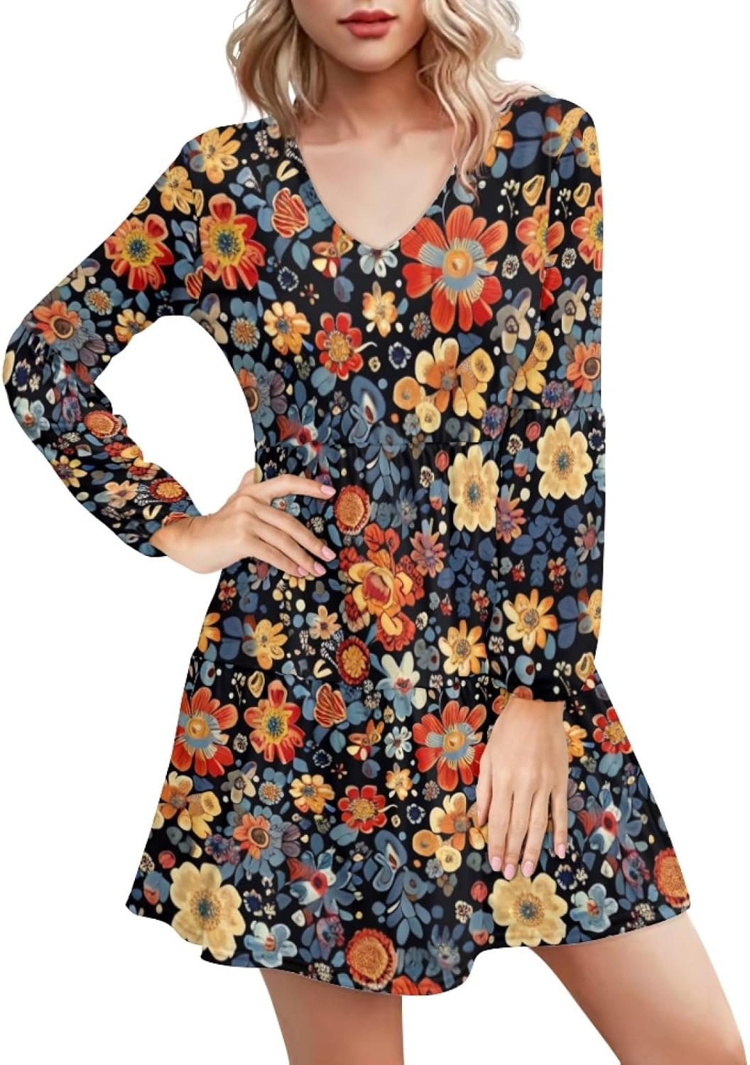 Long Sleeve Dress for Women Floral V Neck Lantern Sleeve Fashion Tunic Dress Knee Length Casual Swing Shift Dress - Image 5