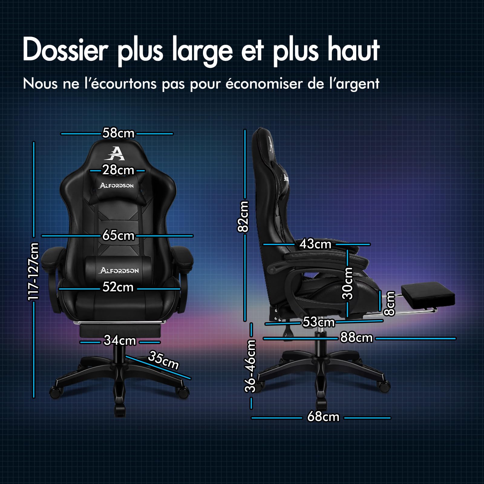 ALFORDSON Chaise Gaming Fauteuil Gamer, Chaise de Bureau Ergonomique avec Massant 2 Points, Repose Pied, Réglable Appui-tête Support Lombaire, Dossier Haut, Dossier Inclinable à 150°,Noir