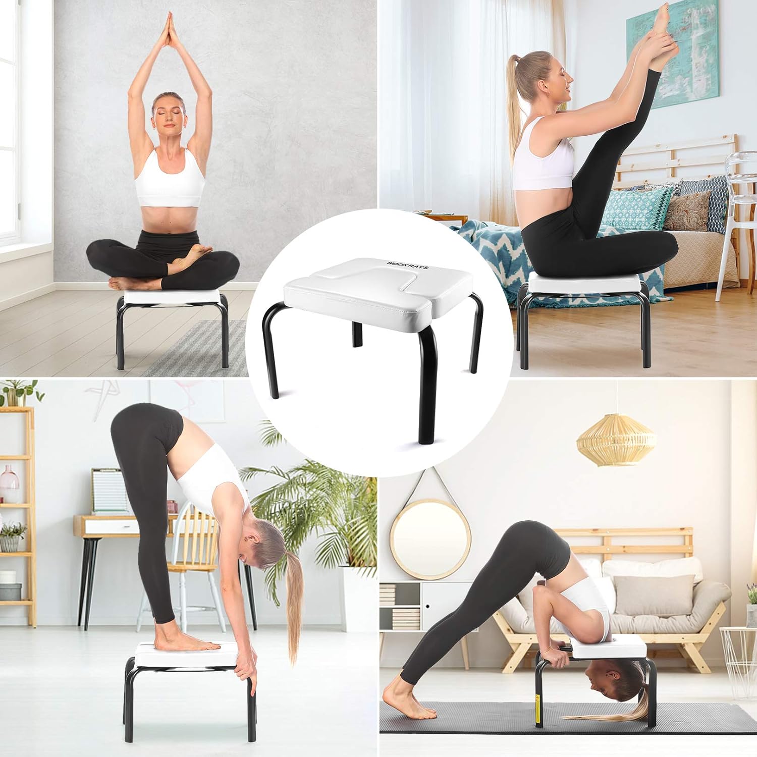 WOOKRAYS Yoga Headstand Bench, Health Mark Yoga and Exercise Inversion Stool Bench, Handstand Trainer with Metal Frame and PU Pads for Home Gym Workout (White) : Sports & Outdoors
