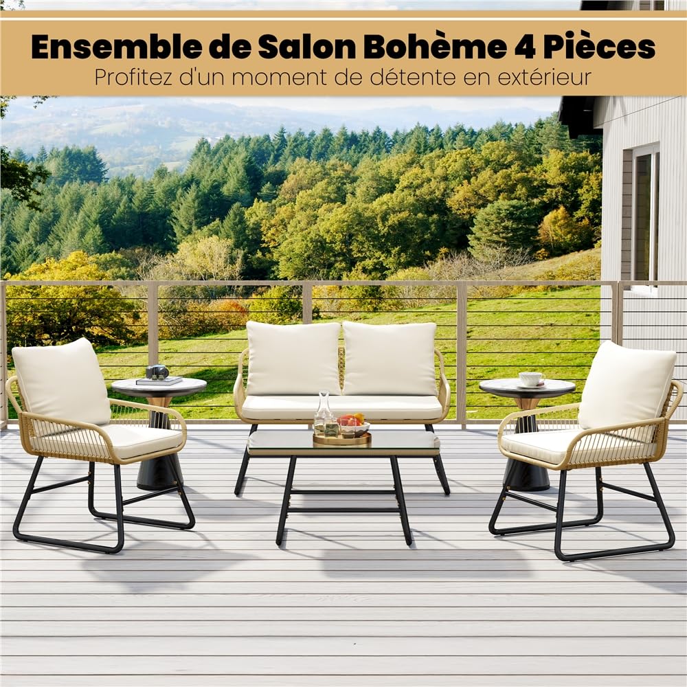 Yaheetech Ensemble Salon de Jardin 4 Pièces Tressé Set de 1 Canapé avec 2 Places 2 Fauteuils et Table d'Appoint en Verre Trempé Style Bohème pour Terrasse Balcon, Patio