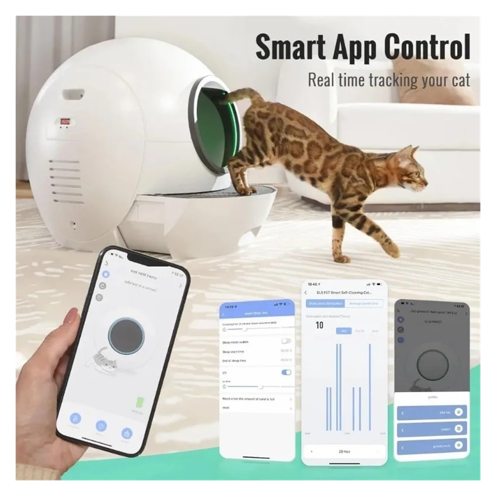 Lettiera Automatica for Gatti da 80 Litri con Promemoria App, for Autopulente Intelligente, Vassoio for Chiuso UV, Prodotti Multifunzionali for Animali Domestici Silenzioso E Pratico