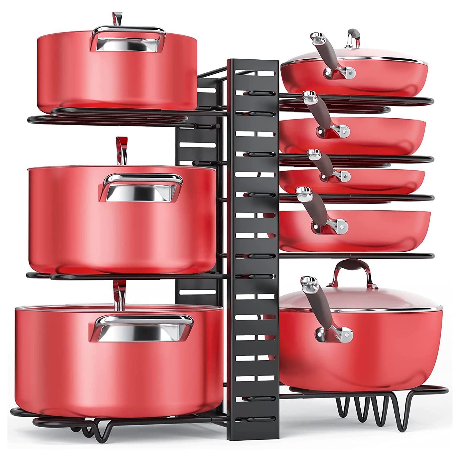 ORANIFUL Pot Organizer Rack Pan Holder Adjustable 8 Tiers Cookware Rustproof Metal Dish Drainer 3 DIY Methods Pot Lid Drying Stand for Pantry Kitchen Counter Cabinet (Black)