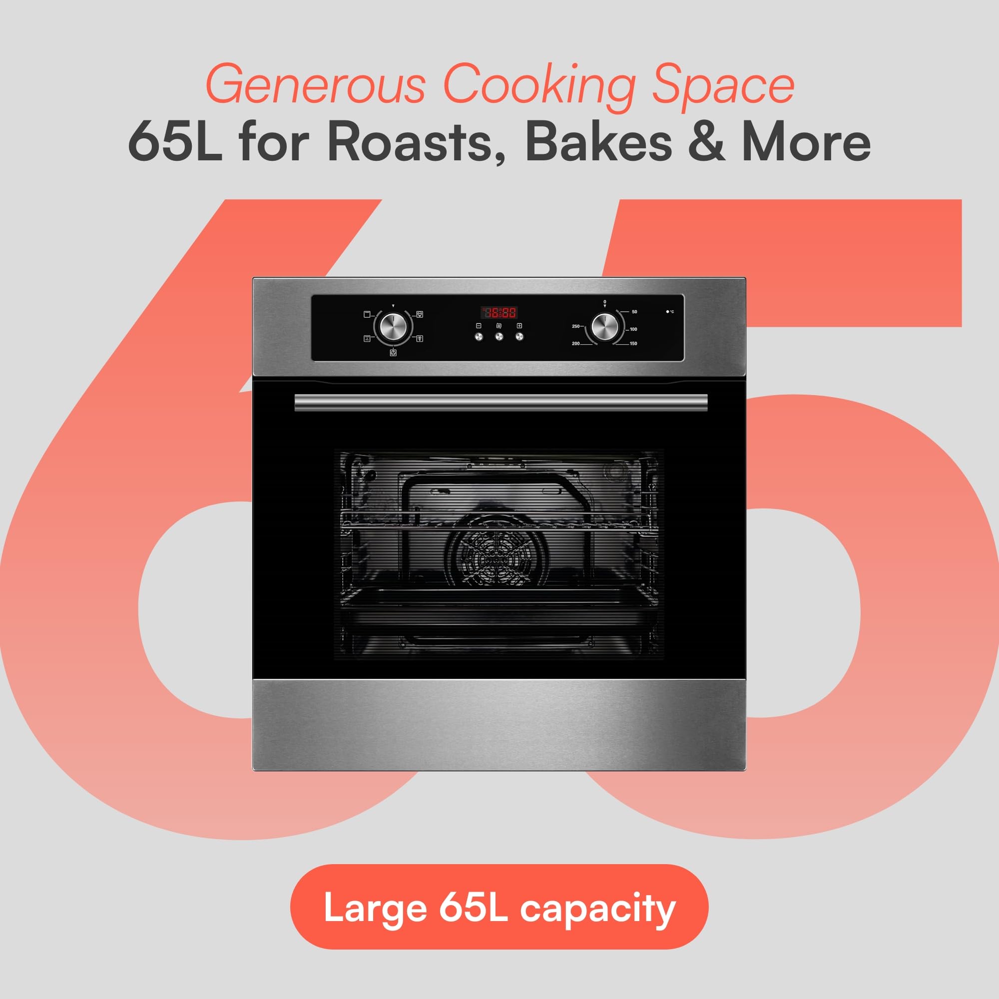 Cookology COF605S 60cm 65 Litre Capacity, Installed Built In Electric Fan Oven, Integrated Single Fan Oven with Mechanical Dial Timer and Grill - in Stainless Steel — view 5