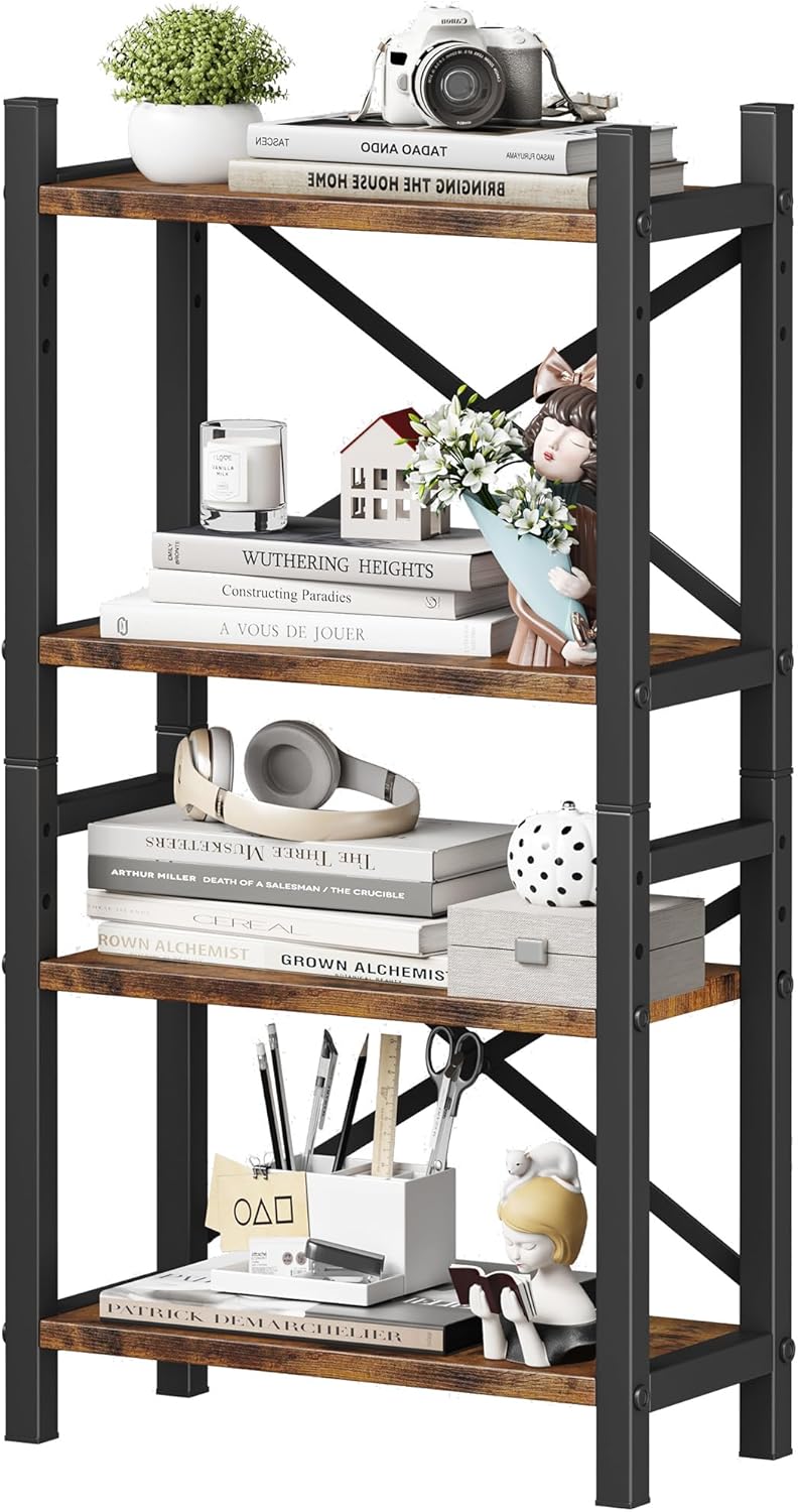 Desktop Bookshelf, 4-Tier Stackable Narrow Bookcase, Adjustable Industrial Desk Organizer & Hutch - Rustic Brown Wood Desktop Book Organizer for Living Room, Bedroom & Home Office