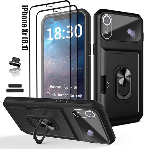 Miniatura 8 de Funda tipo cartera para iPhone Xr, ranura para tarjeta de crédito, diseño portátil, resistente de doble capa híbrida acolchada de goma protectora
