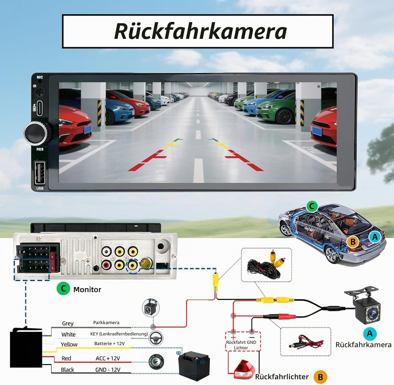 Stereo 1 DIN mit Bildschirm, 6,86 Zoll Touchscreen Autoradio Carplay 1 Din, Radio Auto Car Play unterstützt Mirror Link mit Rückfahrkamera, Unterstützung Typ-C Lade/USB/Mic/EQ/SWC
