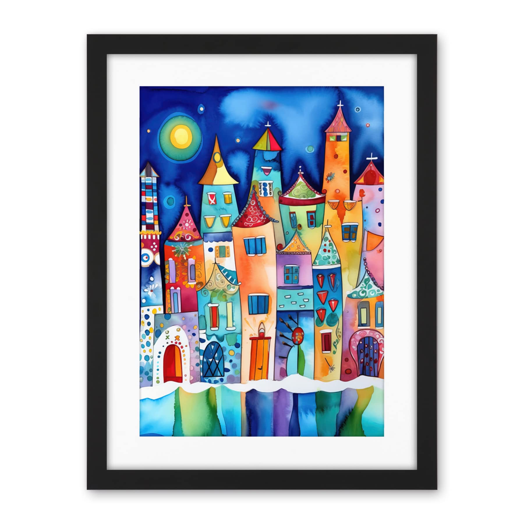 Artery8 Midnight Abstract Town Folk Art Artwork Framed Wall Art Print 18X24 Inch