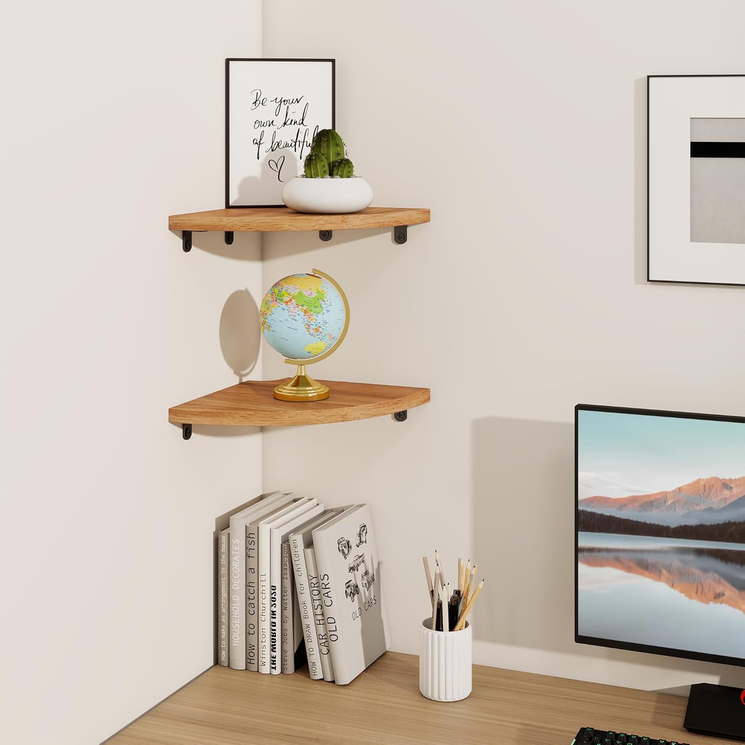 Fun Memories Corner Shelf Wall Mount Set of 2 - Solid Oak Wood Floating Corner Shelf with Cable Hole, 8.5in Rustic Design for Bedroom, Living Room, Kitchen (Natural)