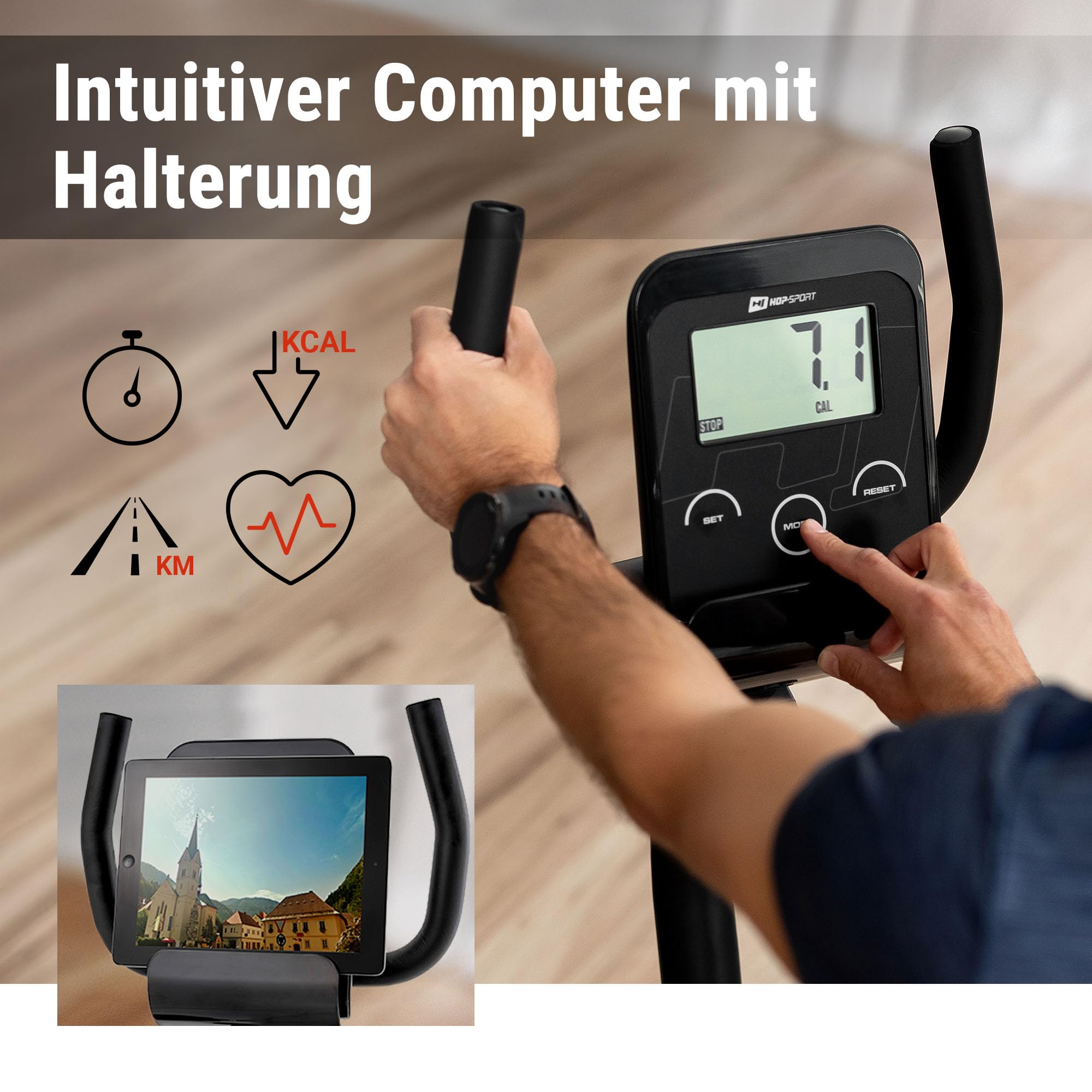 Hop-Sport Root Liegeergometer - Liegeheimtrainer mit Handpulssensoren, 9,5 kg Schwungmasse, 8 Widerstandsstufen - Sitzergometer max. Benutzergewicht 120 kg