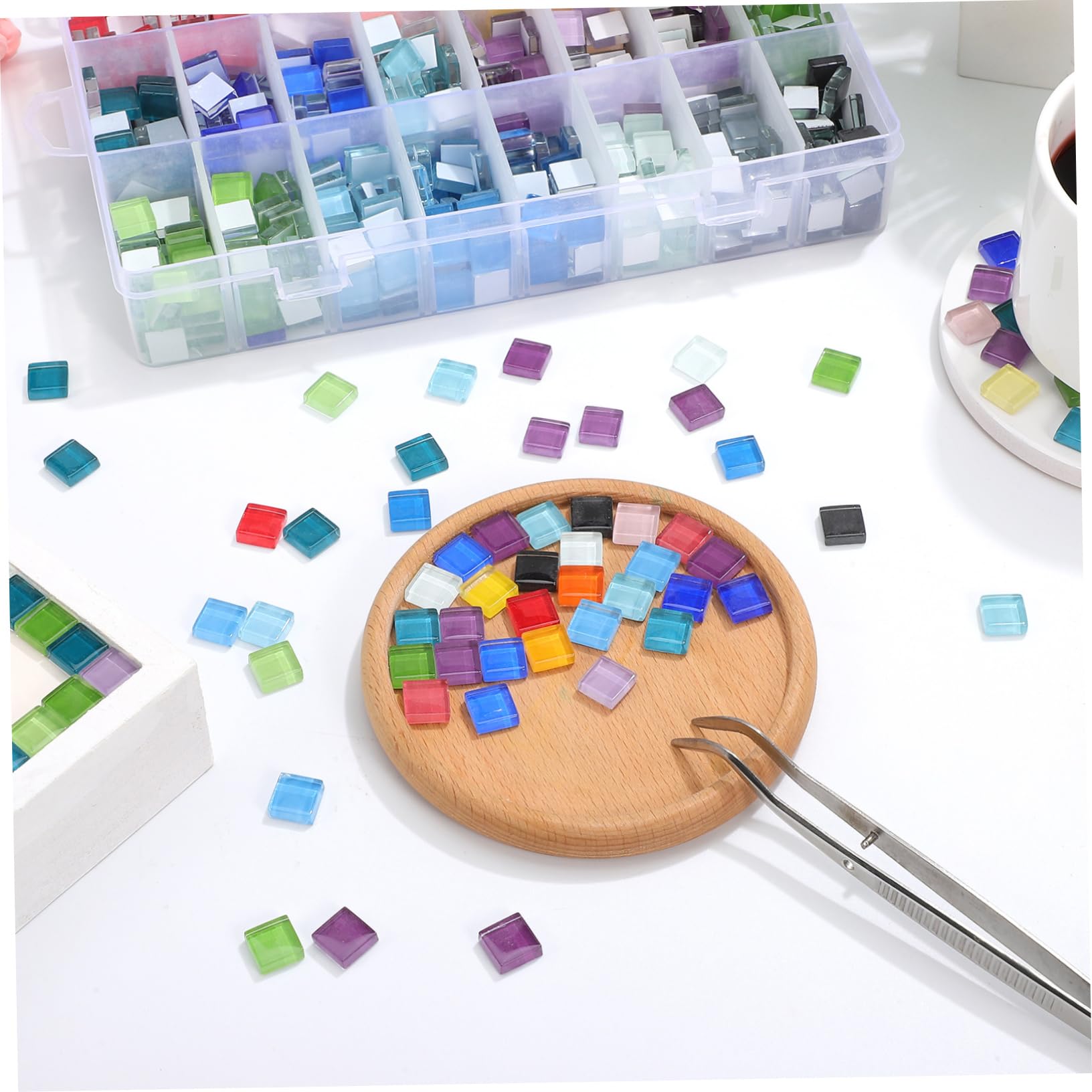 Housoutil Azulejos de Mosaico de Vidrio para Manualidades, Compartimentos, Aprox 1100 Piezas, Colores Vivos, Adecuado para Posavasos y Macetas