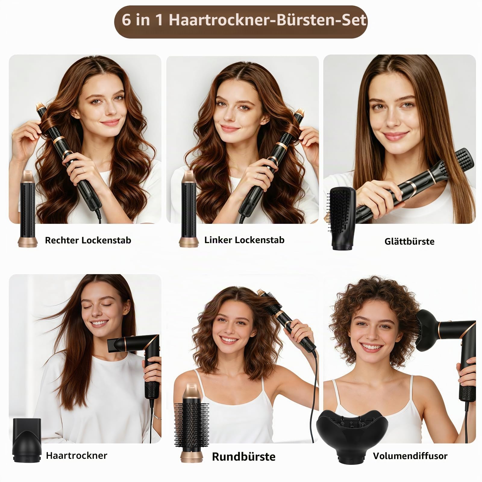 6 in 1 Hairstyler, Professioneller Föhnbürste Haarstyler, Hair Styler Set mit Auto Luft Links/Rechts, Föhn Ionen, Wärmebürste, 1000w, Multi Airstyler für Trocknen, Glätten & Locken (Schwarz 6 in 1)