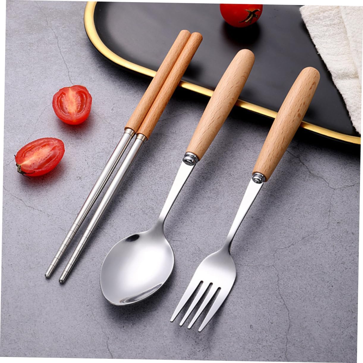 Juego De 3 Tenedores De Cena, Cubiertos De Acero Inoxidable, Cuchillo, Tenedor, Cuchara, Mango De Madera, Juego De Cubiertos para Cocina Y Postre,