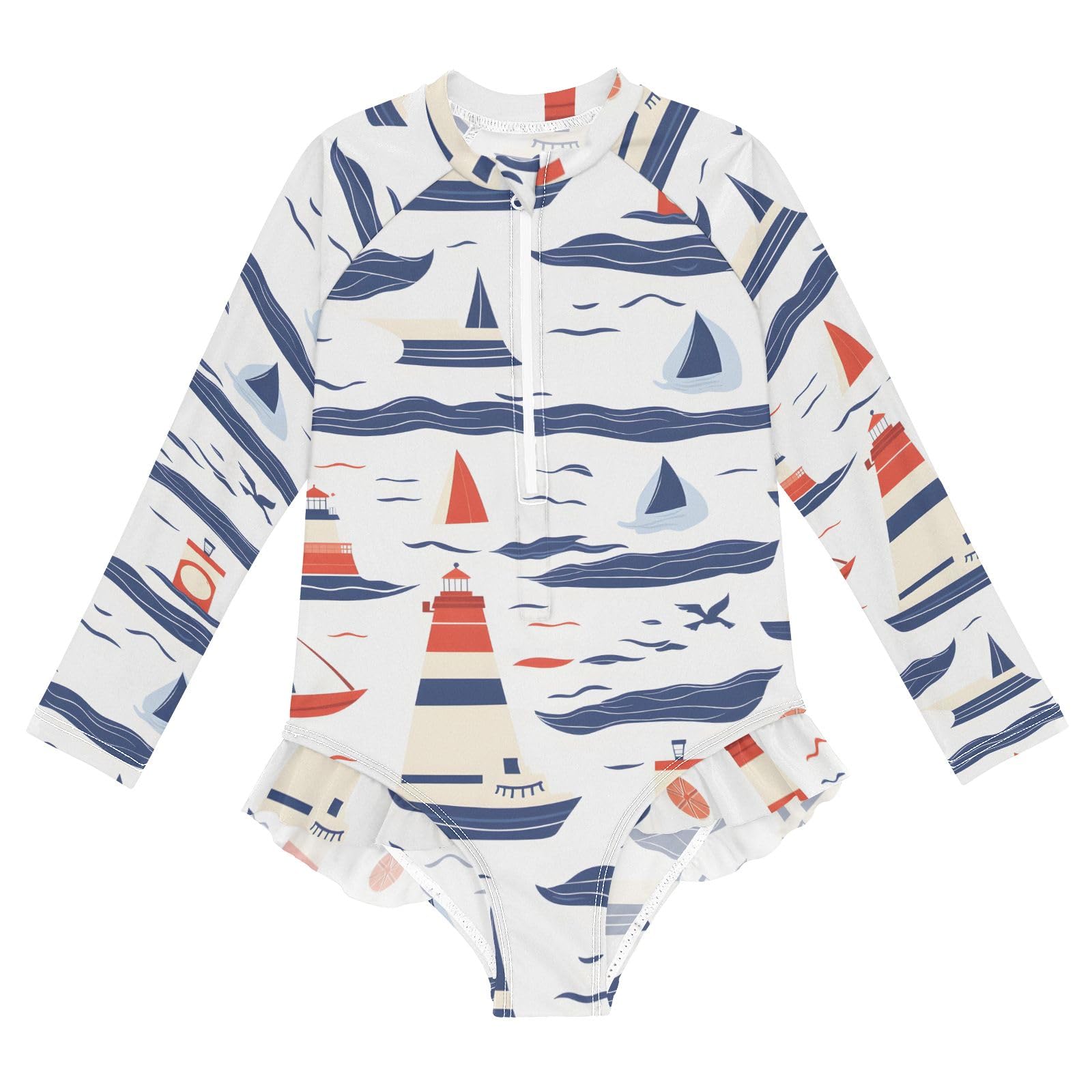 ALAZA Swimsuit for Girls Long Sleeve Rashguard Bathing Suit Sailboats Quick Dry 4T