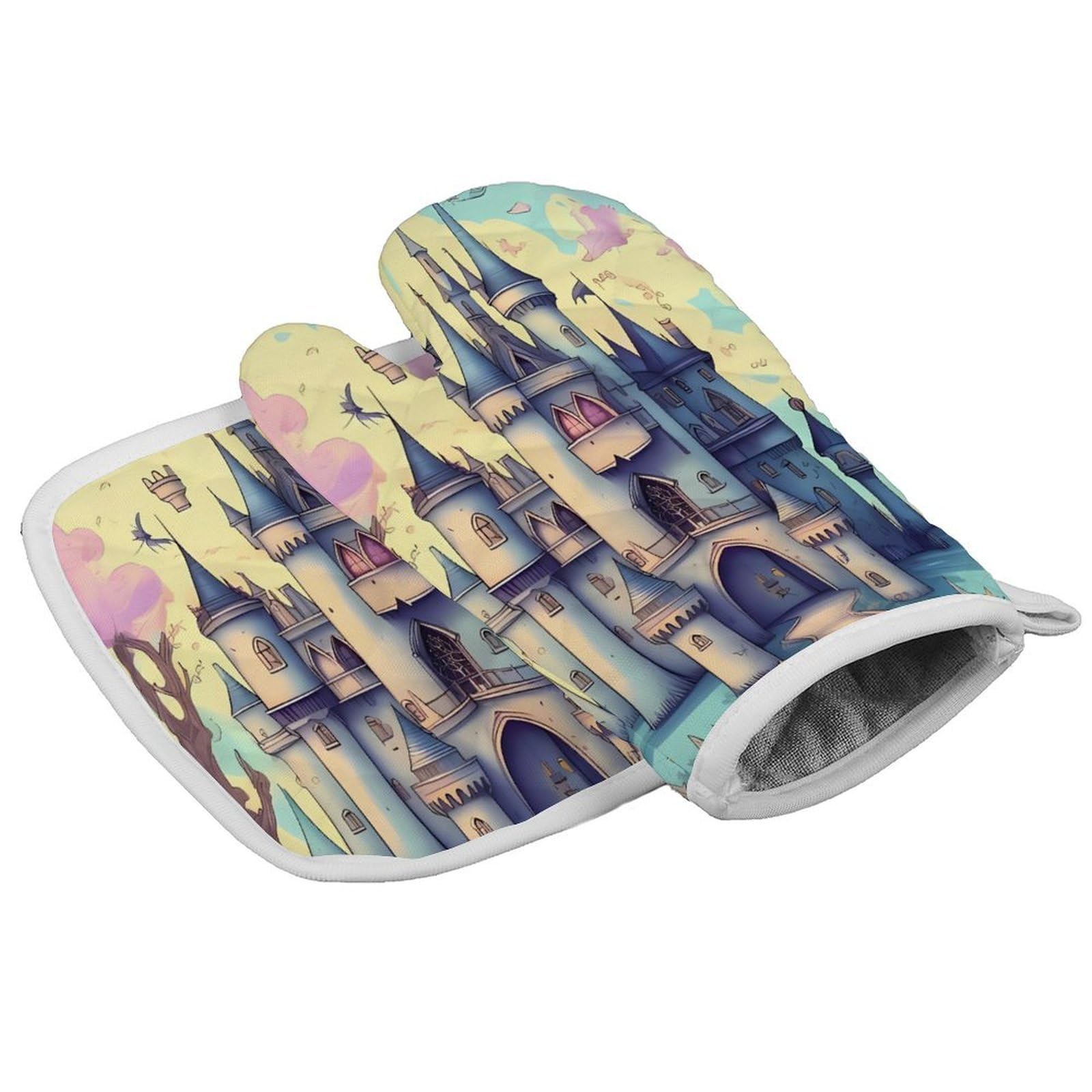Fodpand Style Fairytale Castle Oven Mitts And Pot Holders Sets, Cooking Gloves And Hot Pads Heat Resistant Washable, Kitchen Oven Glove For Oven Cooking Baking Grilling