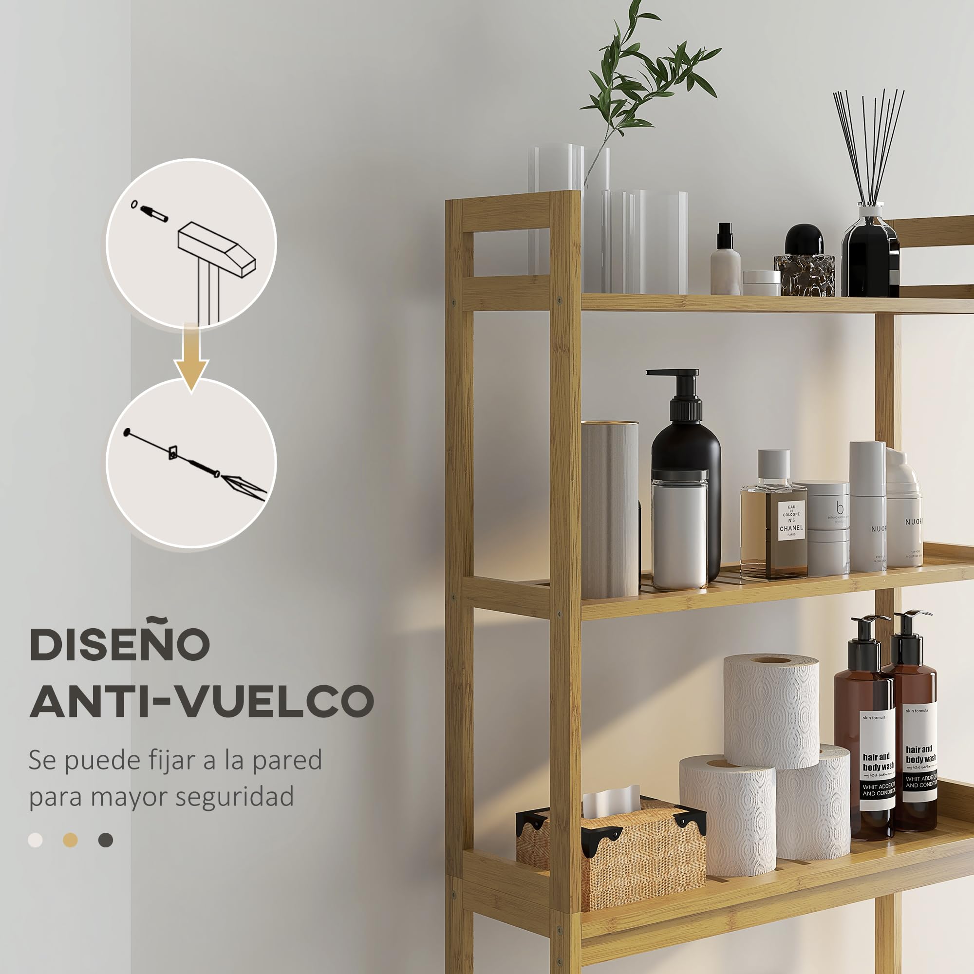kleankin Estantería sobre Inodoro de Bambú Estantería de Baño con 3 Estantes y Alfombrillas Antideslizantes Antivuelco Estilo Moderno 68x20x165 cm Natural