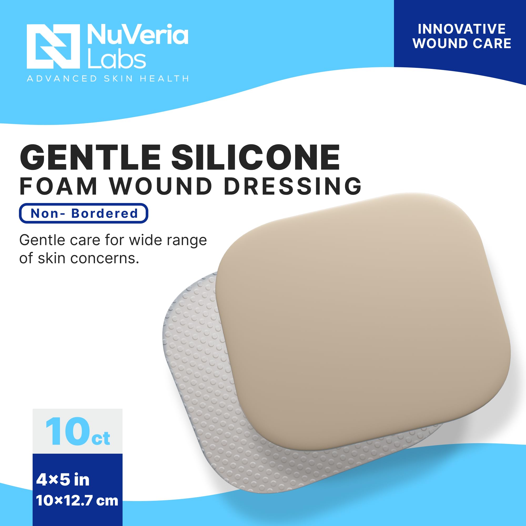 NuVeria Labs Medicazione per ferite in schiuma di silicone non bordata di grado ospedaliero – cuscinetto assorbente multistrato adesivo delicato con pellicola traspirante resistente all'acqua, 10,2 x