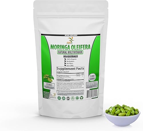 Moringa Oleifera 100 cápsulas vegetales - Polvo de hoja 100% puro - 1000 mg por porción - Suplemento completo de superalimento verde - Sin rellenos,