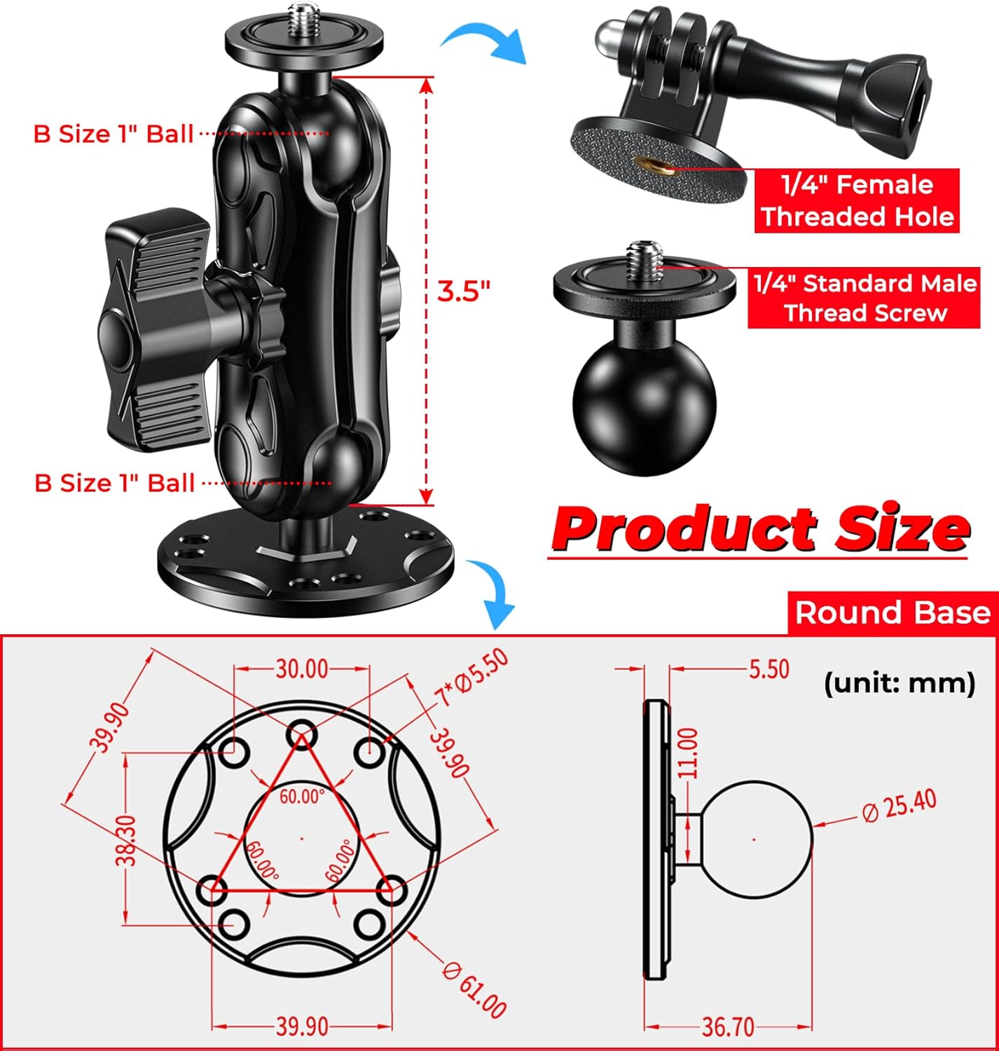 VAZESWIN Aluminum Alloy Camera Mount - with 1/4" Thread Tripod Adapter for Gopro Insta360 DJI Action Cameras, 360° Rotation Adjustable 1" Ball Mount with AMPS Hole Round Base, for Car Boat Dashboard